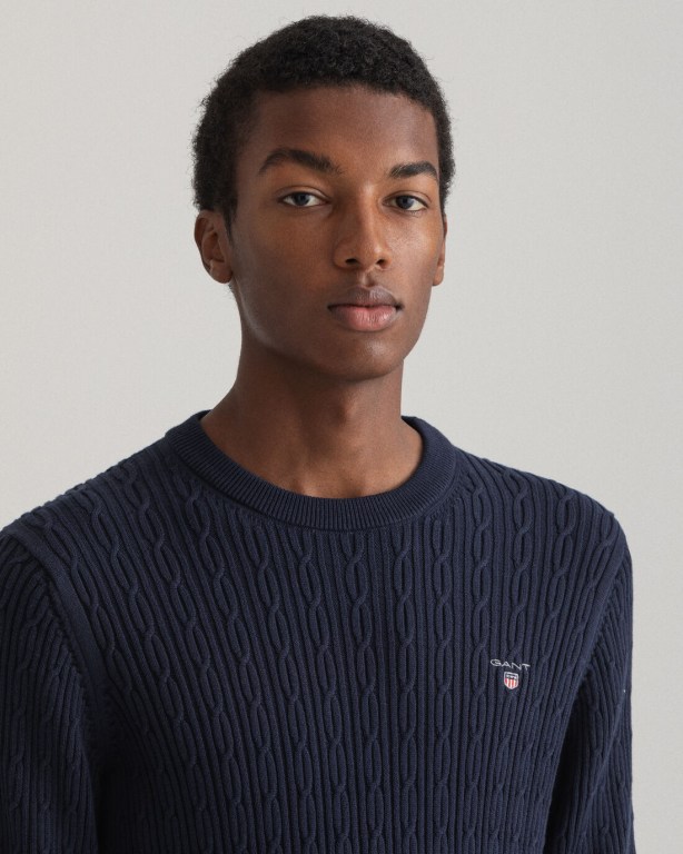 Gant Cotton Cable Crew Neck Men's Cable Knit Jumpers Blue | Yi5wnUDkXqj