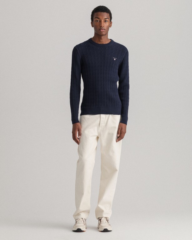 Gant Cotton Cable Crew Neck Men's Cable Knit Jumpers Blue | Yi5wnUDkXqj