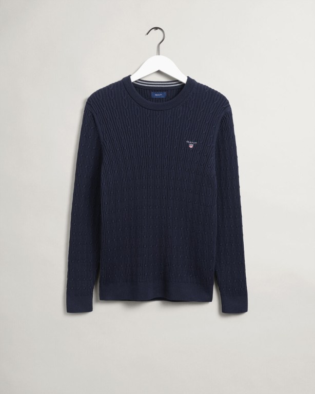 Gant Cotton Cable Crew Neck Men's Cable Knit Jumpers Blue | Yi5wnUDkXqj