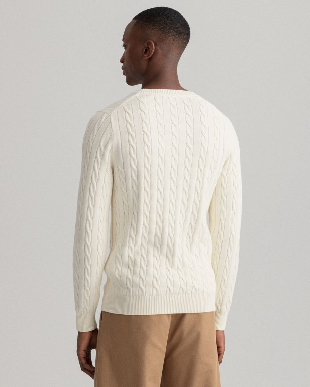 Gant Cotton Cable Crew Neck Men's Cable Knit Jumpers Cream | j1uXL1fJGef