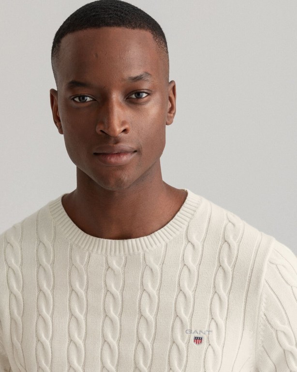 Gant Cotton Cable Crew Neck Men's Cable Knit Jumpers Cream | j1uXL1fJGef