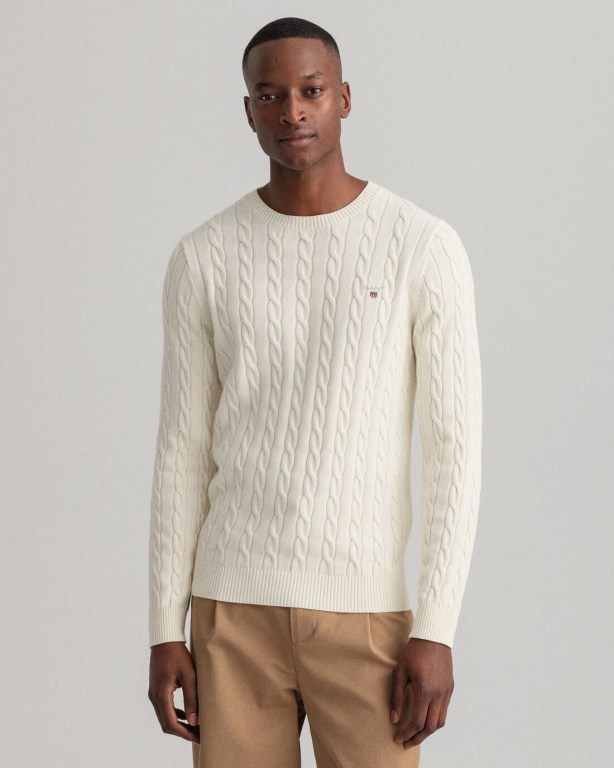 Gant Cotton Cable Crew Neck Men's Cable Knit Jumpers Cream | j1uXL1fJGef