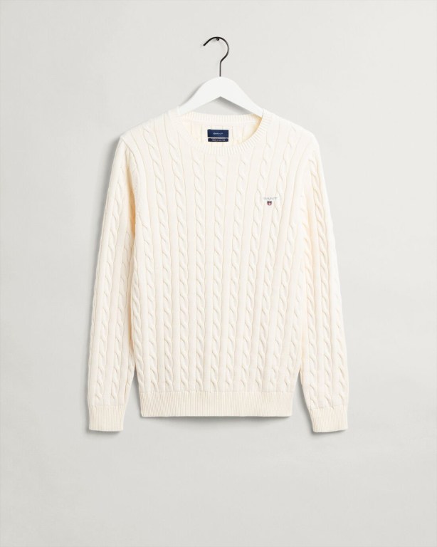 Gant Cotton Cable Crew Neck Men's Cable Knit Jumpers Cream | j1uXL1fJGef