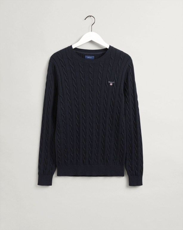 Gant Cotton Cable Crew Neck Men's Cable Knit Jumpers Blue | m87oH0XVsBl