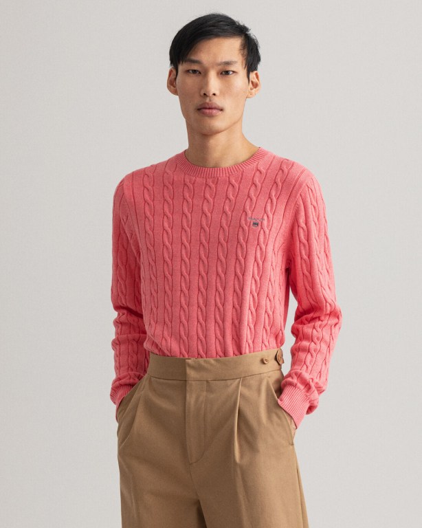 Gant Cotton Cable Crew Neck Men's Cable Knit Jumpers Rose | n2knBbQeGaZ