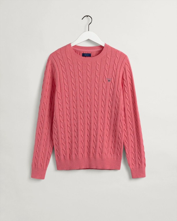 Gant Cotton Cable Crew Neck Men's Cable Knit Jumpers Rose | n2knBbQeGaZ