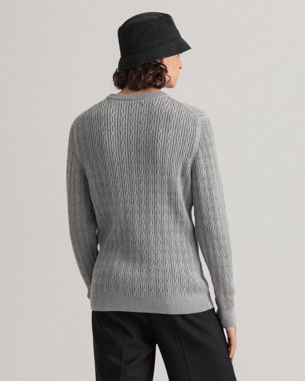 Gant Cotton Cable Crew Neck Men's Cable Knit Jumpers Grey | y5awCm9M8lb