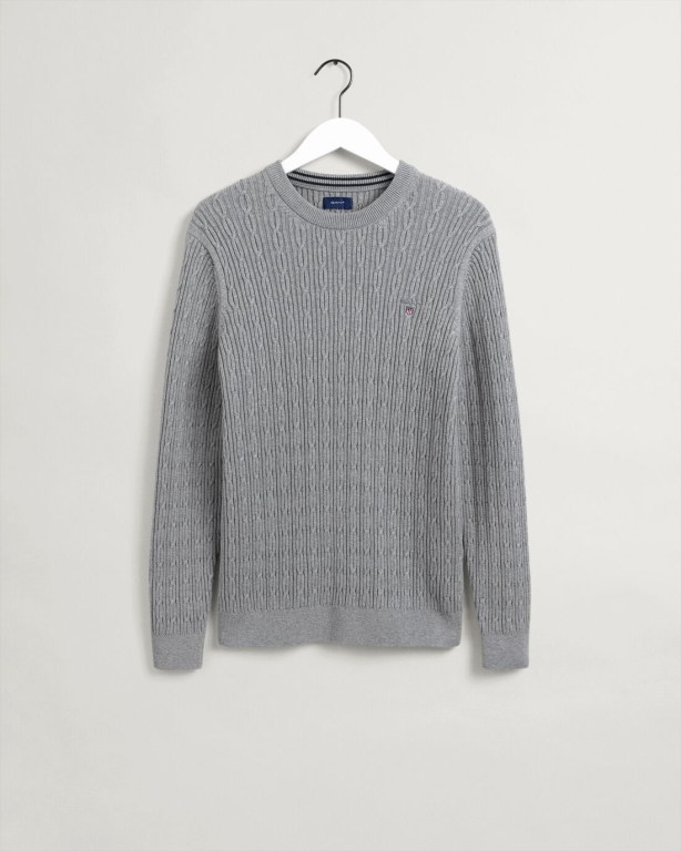 Gant Cotton Cable Crew Neck Men's Cable Knit Jumpers Grey | y5awCm9M8lb