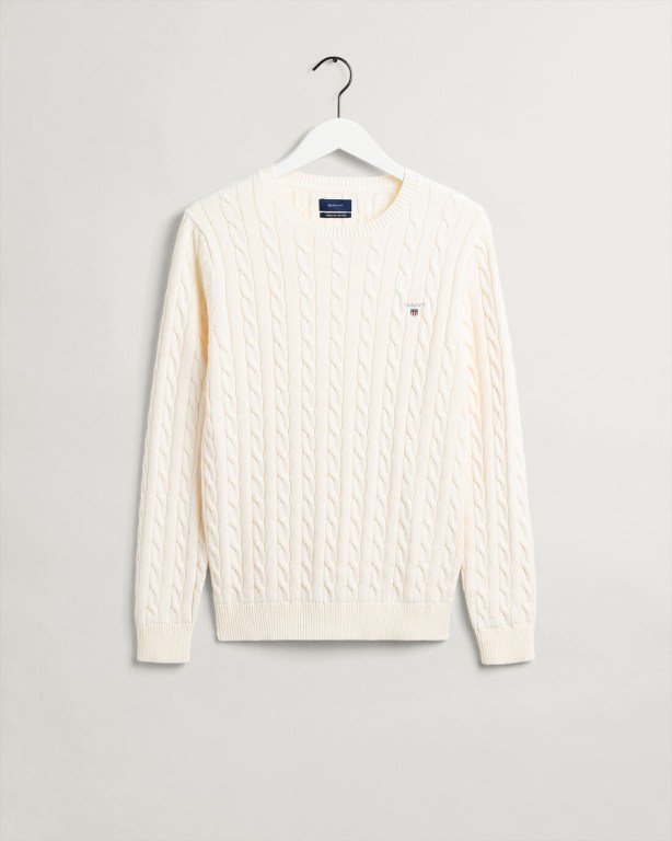 Gant Cotton Cable Crew Neck Men's Crewneck Jumpers Cream | DjJfPmEpr1v