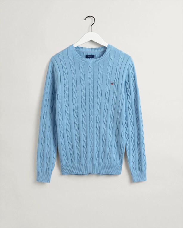 Gant Cotton Cable Crew Neck Men's Crewneck Jumpers Blue | K8dQ1S00Cny