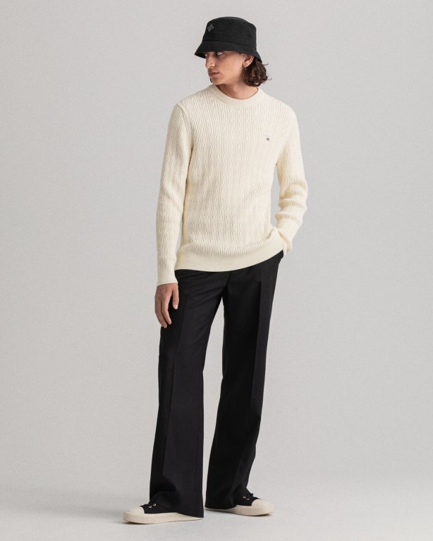 Gant Cotton Cable Crew Neck Men's Crewneck Jumpers Cream | YYH9Udk7c4M