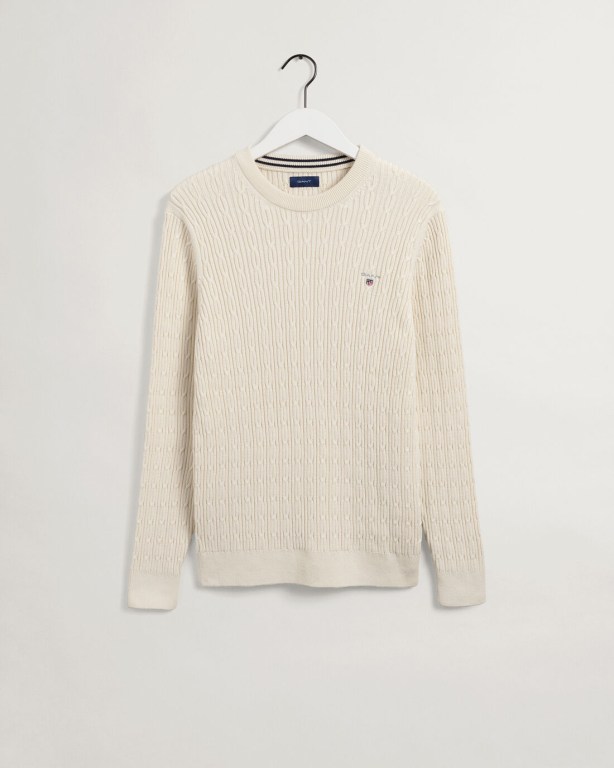 Gant Cotton Cable Crew Neck Men's Crewneck Jumpers Cream | YYH9Udk7c4M