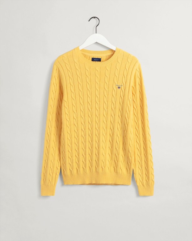 Gant Cotton Cable Crew Neck Men's Crewneck Jumpers Orange Yellow | p5Y74qR5vWt