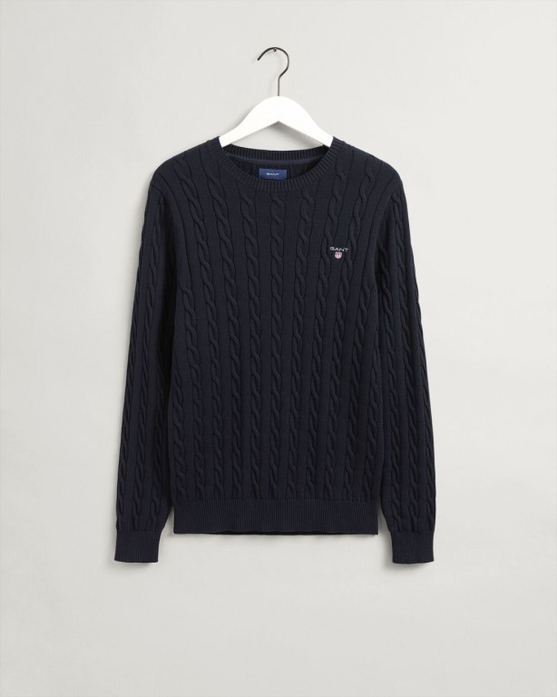 Gant Cotton Cable Crew Neck Men's Crewneck Jumpers Blue | wYieEMJQyyE