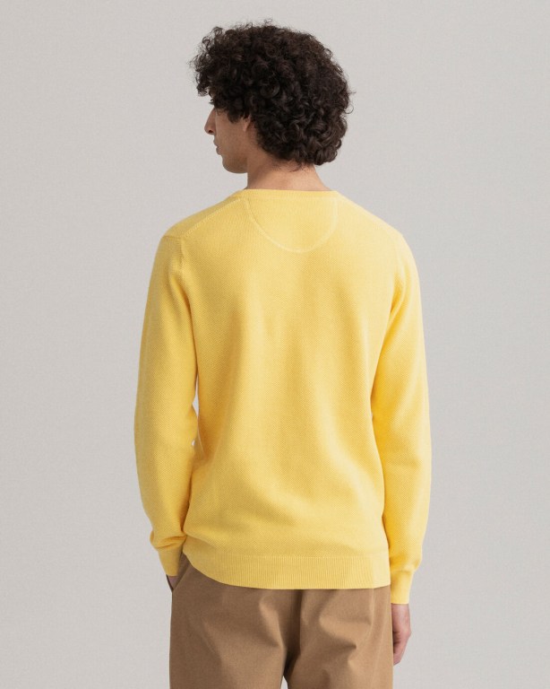 Gant Cotton Piqué Crew Neck Men's Crewneck Jumpers Yellow | 5tENHelKO9R