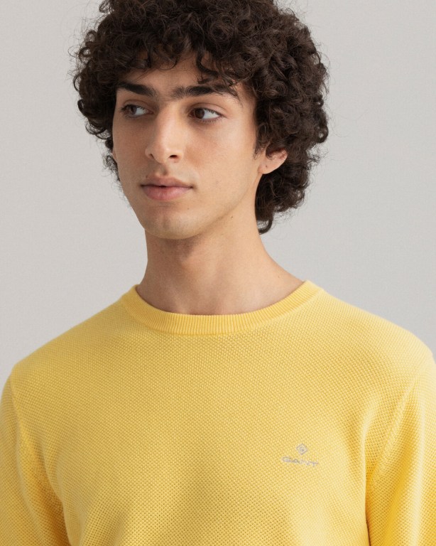 Gant Cotton Piqué Crew Neck Men's Crewneck Jumpers Yellow | 5tENHelKO9R