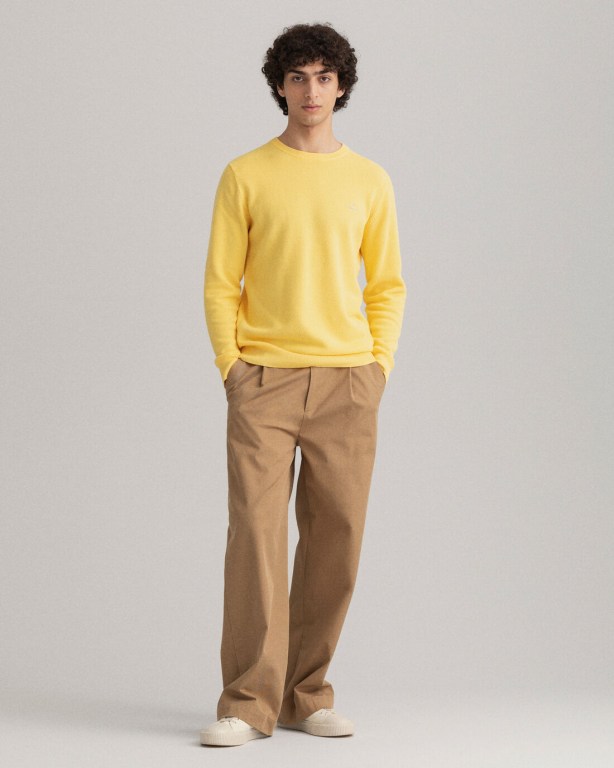 Gant Cotton Piqué Crew Neck Men's Crewneck Jumpers Yellow | 5tENHelKO9R