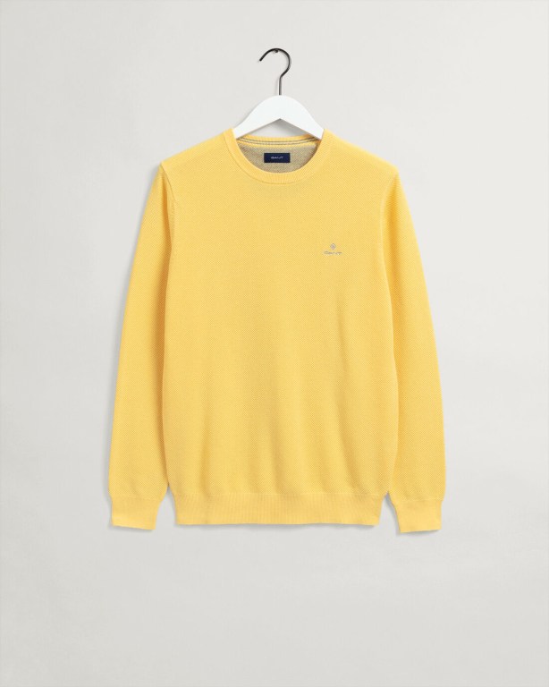 Gant Cotton Piqué Crew Neck Men's Crewneck Jumpers Yellow | 5tENHelKO9R