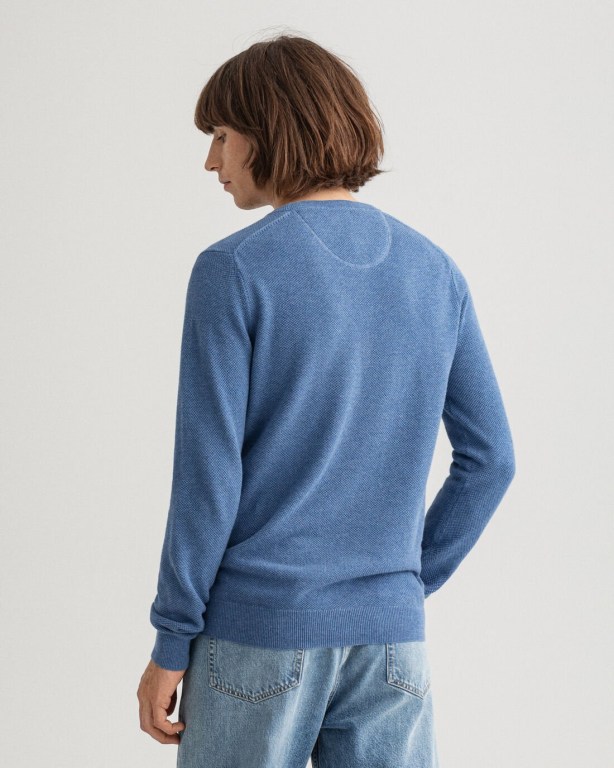 Gant Cotton Piqué Crew Neck Men's Crewneck Jumpers Blue | 6p5zYn2ZIwg