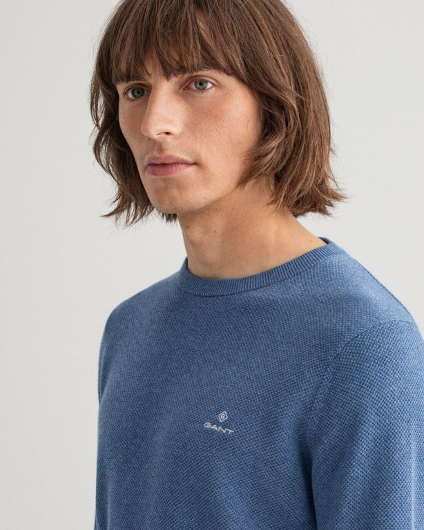 Gant Cotton Piqué Crew Neck Men's Crewneck Jumpers Blue | 6p5zYn2ZIwg