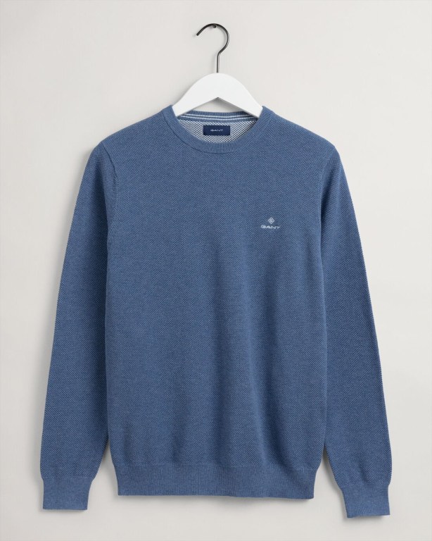 Gant Cotton Piqué Crew Neck Men's Crewneck Jumpers Blue | 6p5zYn2ZIwg