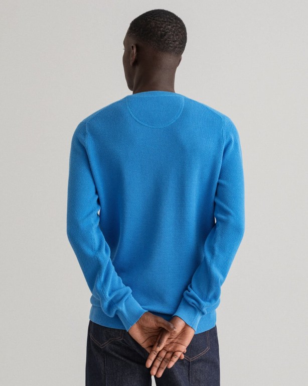 Gant Cotton Piqué Crew Neck Men's Crewneck Jumpers Blue | DTeitidc0Jc