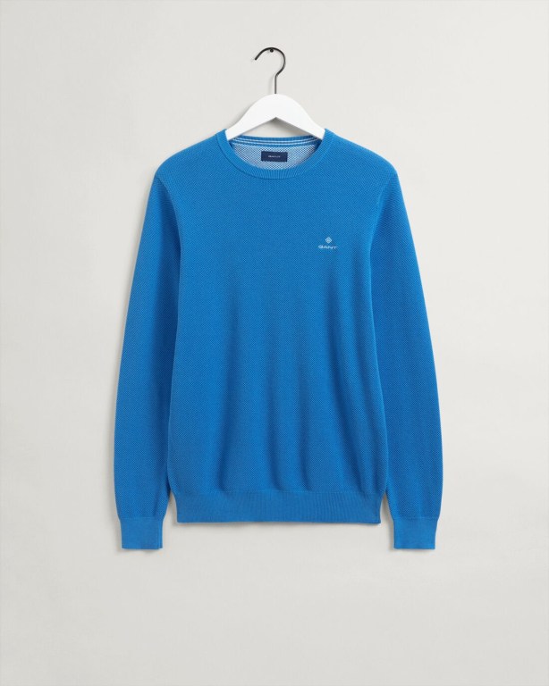 Gant Cotton Piqué Crew Neck Men's Crewneck Jumpers Blue | DTeitidc0Jc