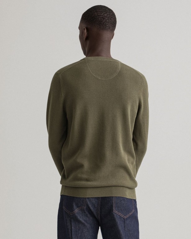 Gant Cotton Piqué Crew Neck Men's Crewneck Jumpers Green | GwjUMPnpzih