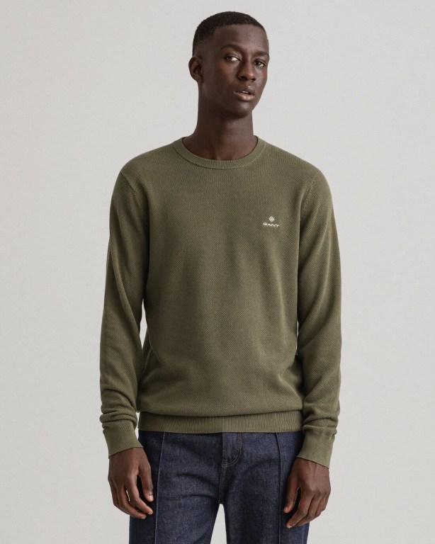 Gant Cotton Piqué Crew Neck Men's Crewneck Jumpers Green | GwjUMPnpzih