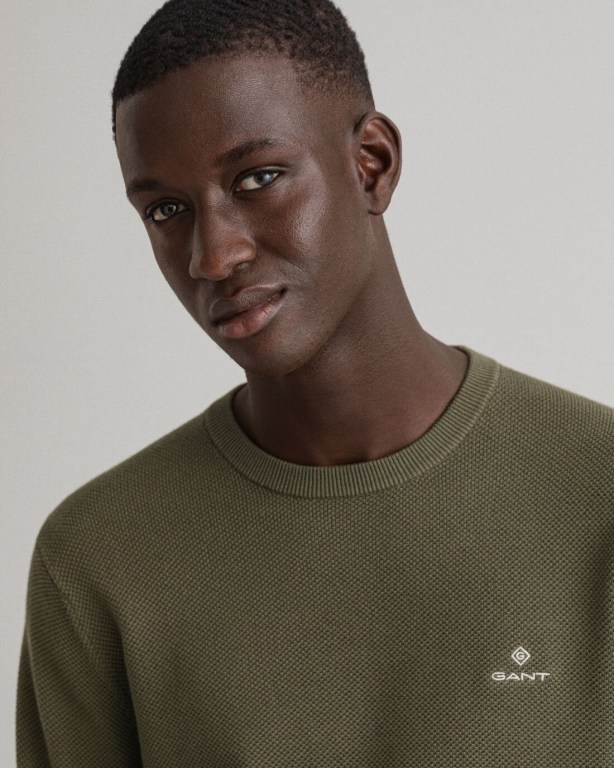 Gant Cotton Piqué Crew Neck Men's Crewneck Jumpers Green | GwjUMPnpzih