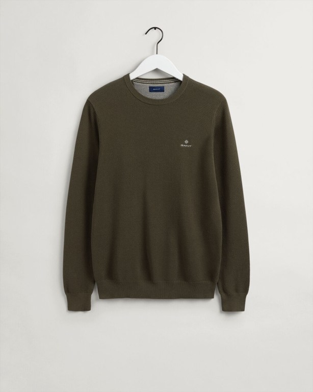 Gant Cotton Piqué Crew Neck Men's Crewneck Jumpers Green | GwjUMPnpzih