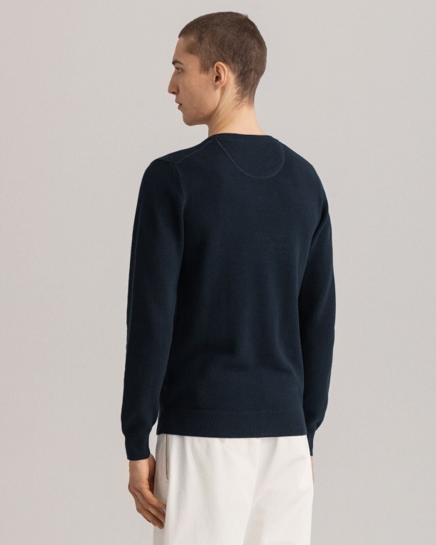 Gant Cotton Piqué Crew Neck Men's Crewneck Jumpers Blue | H9MLzqjf2tG