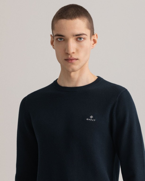 Gant Cotton Piqué Crew Neck Men's Crewneck Jumpers Blue | H9MLzqjf2tG