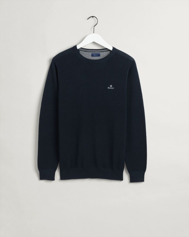 Gant Cotton Piqué Crew Neck Men's Crewneck Jumpers Blue | H9MLzqjf2tG