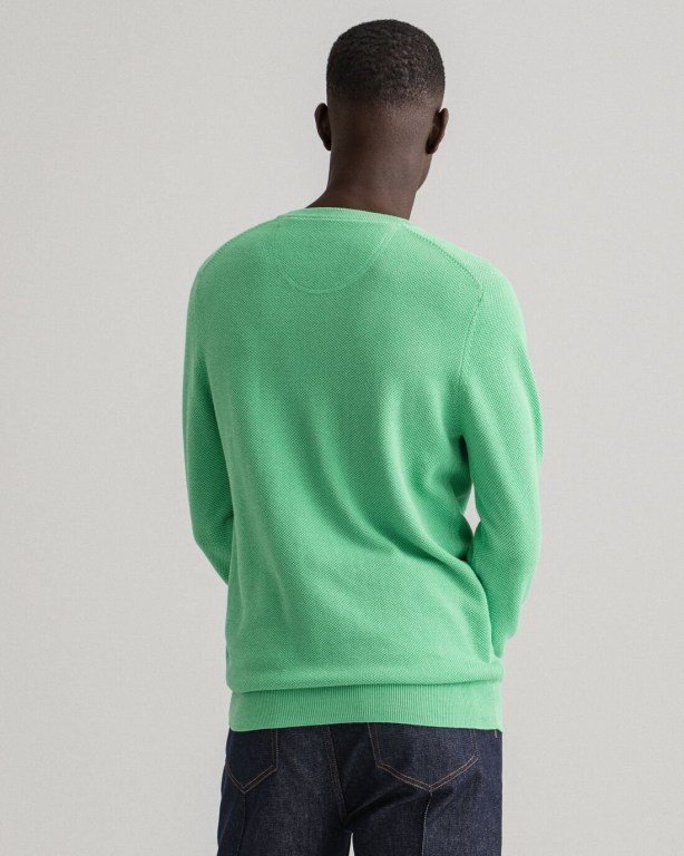 Gant Cotton Piqué Crew Neck Men's Crewneck Jumpers Green | OgVafjVil1z