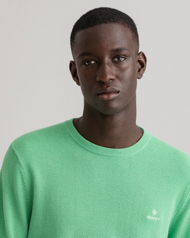 Gant Cotton Piqué Crew Neck Men's Crewneck Jumpers Green | OgVafjVil1z