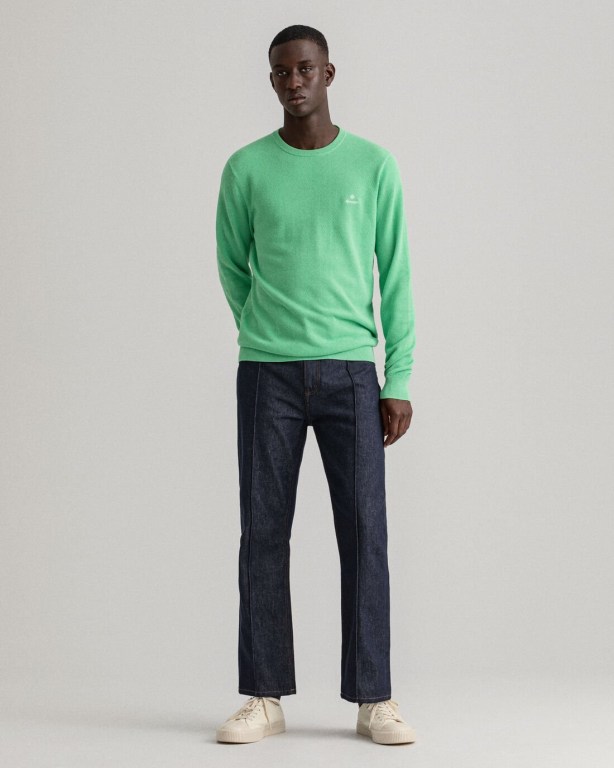 Gant Cotton Piqué Crew Neck Men's Crewneck Jumpers Green | OgVafjVil1z