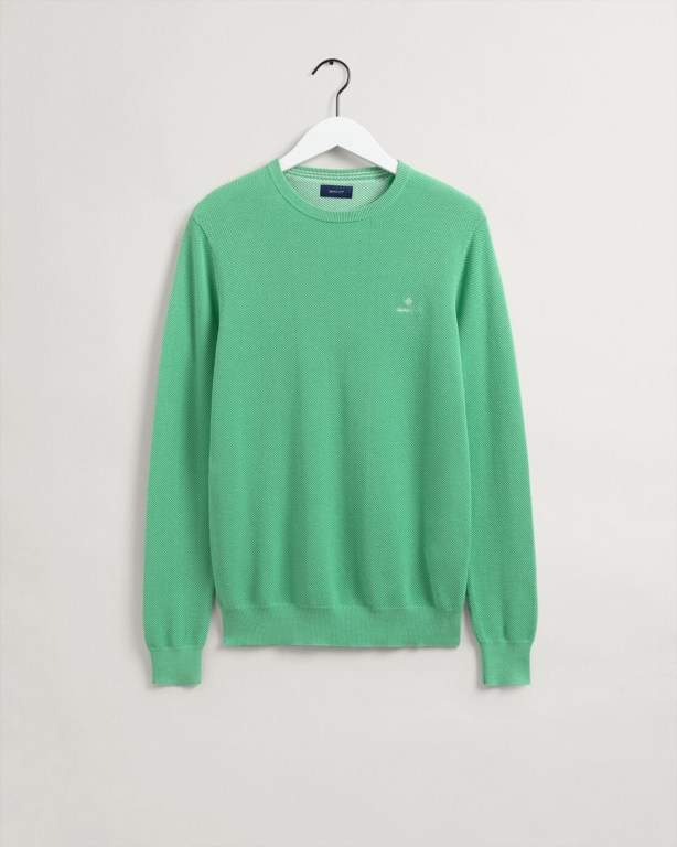 Gant Cotton Piqué Crew Neck Men's Crewneck Jumpers Green | OgVafjVil1z