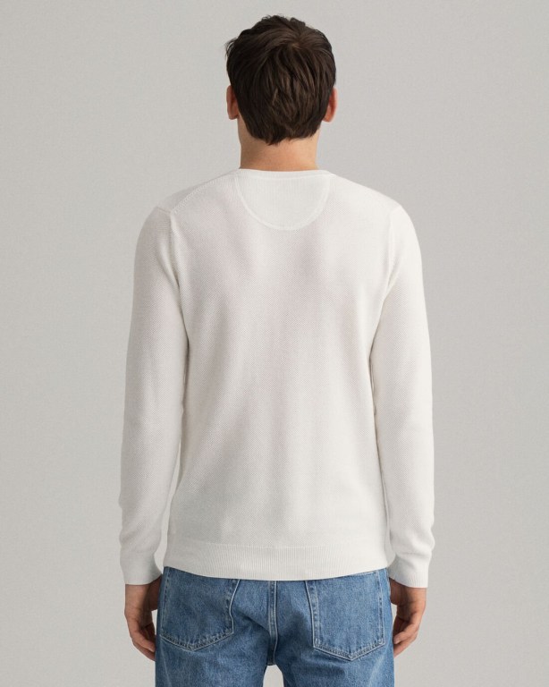 Gant Cotton Piqué Crew Neck Men's Crewneck Jumpers White | lJxplLeTV5g