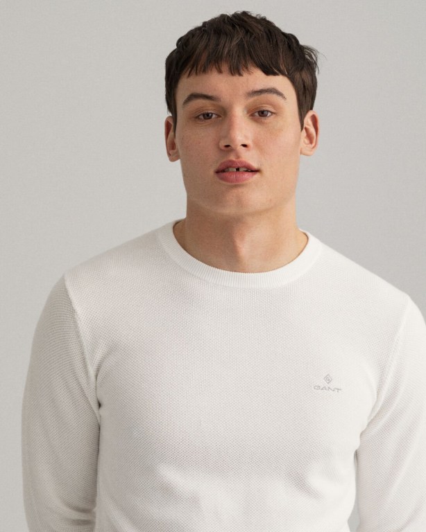 Gant Cotton Piqué Crew Neck Men's Crewneck Jumpers White | lJxplLeTV5g