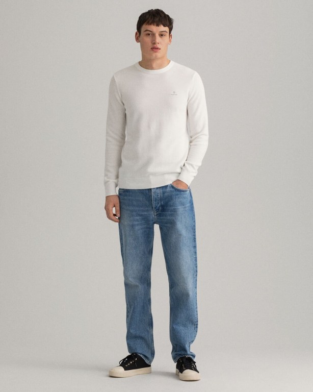 Gant Cotton Piqué Crew Neck Men's Crewneck Jumpers White | lJxplLeTV5g