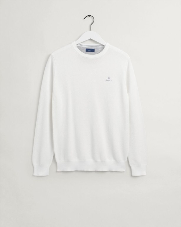 Gant Cotton Piqué Crew Neck Men's Crewneck Jumpers White | lJxplLeTV5g