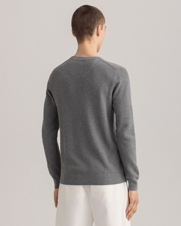 Gant Cotton Piqué Crew Neck Men's Crewneck Jumpers Dark Grey | pg7Y4QMPUYK