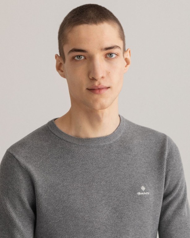 Gant Cotton Piqué Crew Neck Men's Crewneck Jumpers Dark Grey | pg7Y4QMPUYK