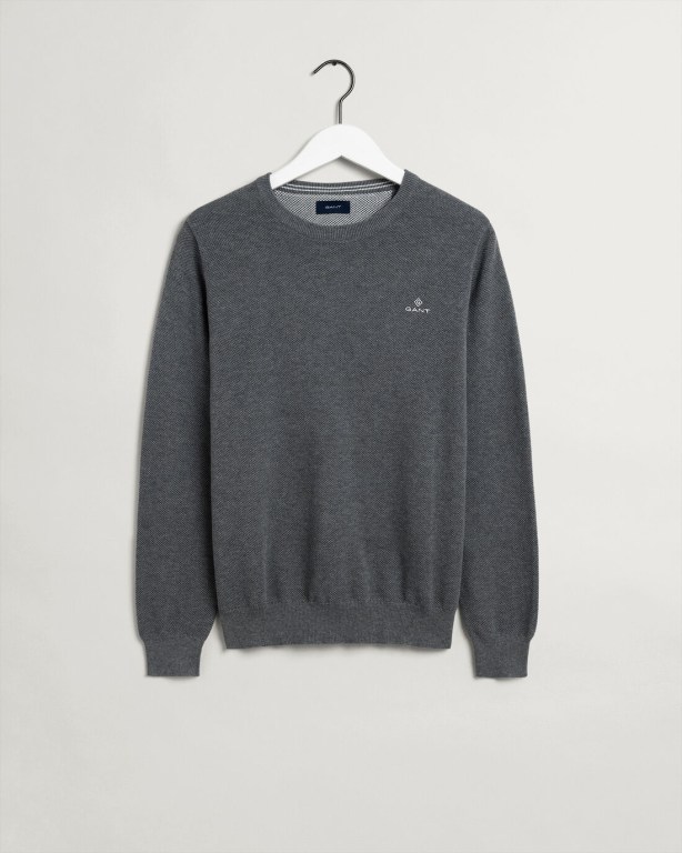 Gant Cotton Piqué Crew Neck Men's Crewneck Jumpers Dark Grey | pg7Y4QMPUYK