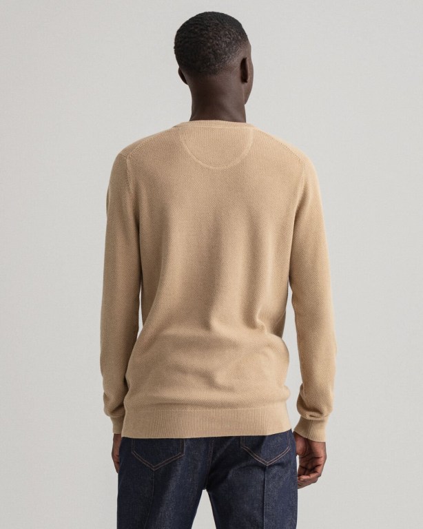 Gant Cotton Piqué Crew Neck Men's Crewneck Jumpers Dark Khaki | sWnHEuIjIx4