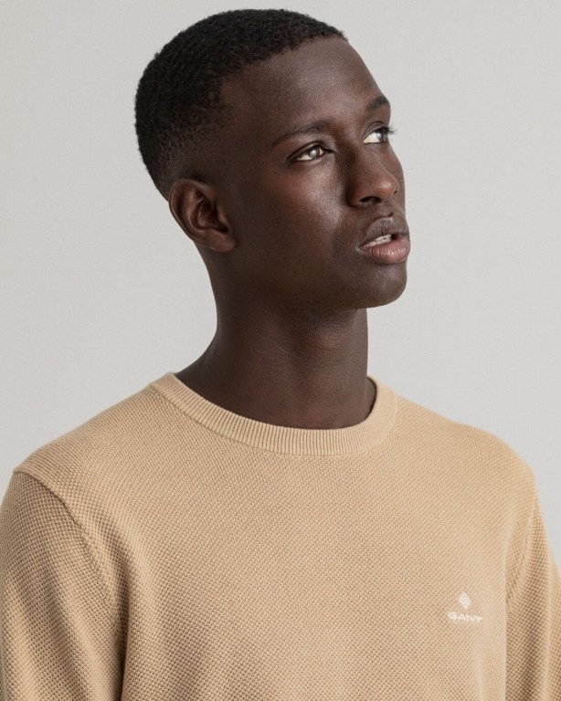 Gant Cotton Piqué Crew Neck Men's Crewneck Jumpers Dark Khaki | sWnHEuIjIx4