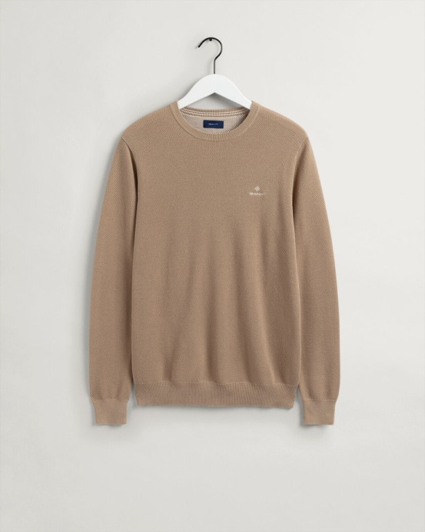 Gant Cotton Piqué Crew Neck Men's Crewneck Jumpers Dark Khaki | sWnHEuIjIx4