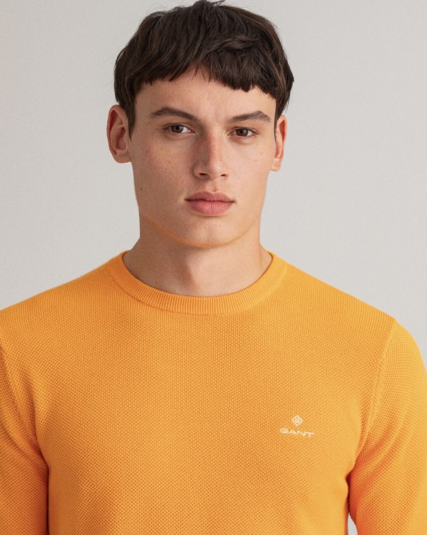 Gant Cotton Piqué Crew Neck Men's Crewneck Jumpers Orange | sbj2ZSkaaM1