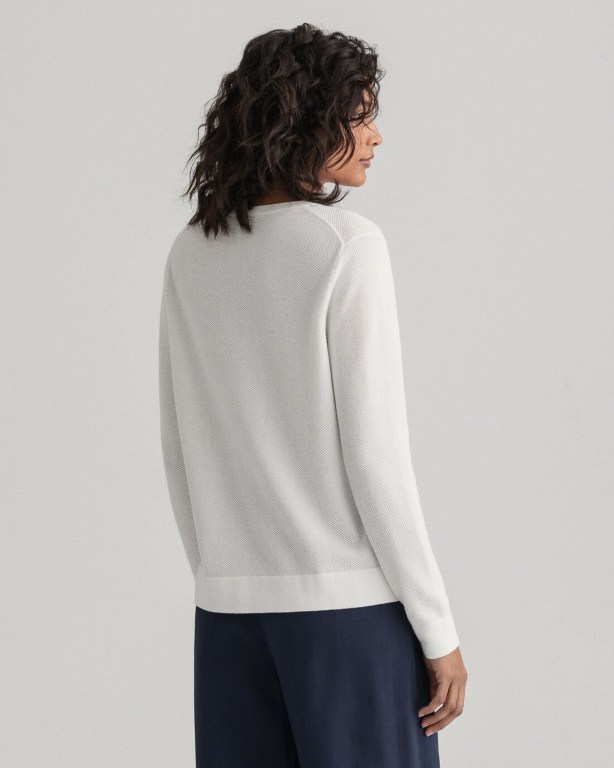 Gant Cotton Piqué Crew Neck Women's Crew Neck Jumpers White | KZ1OxsnqZ6x